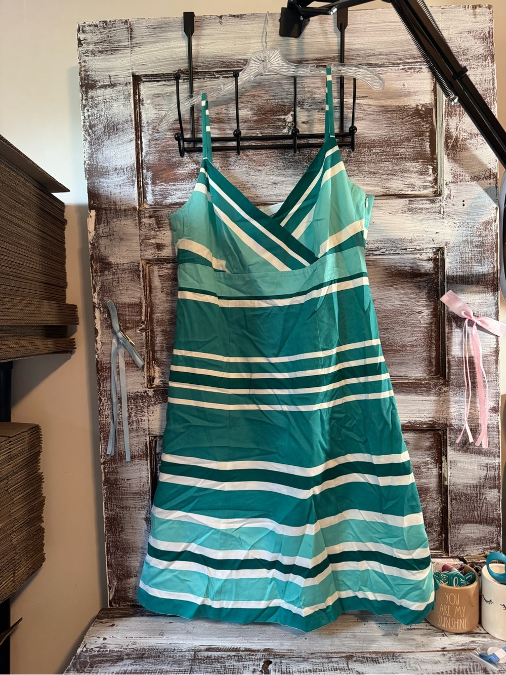 Ann Taylor Teal & White Striped Spaghetti Strap Midi Dress